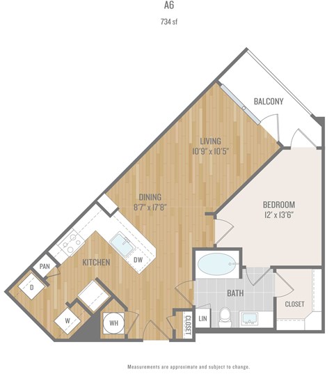 Floor plan for 1 bed, 1 bath, 734 sqft